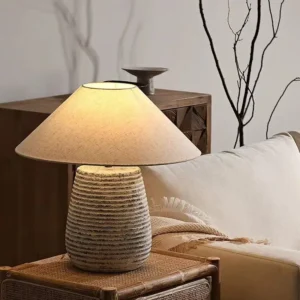 Wabi-Sabi Ribbed Ceramic Table Lamp with Fabric Shade TL-H019 2