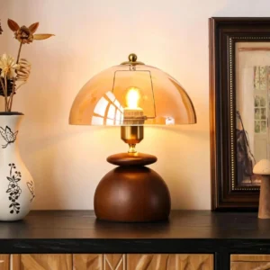 Mid Century Amber Glass Dome Wood Table Lamp TL-N008 3