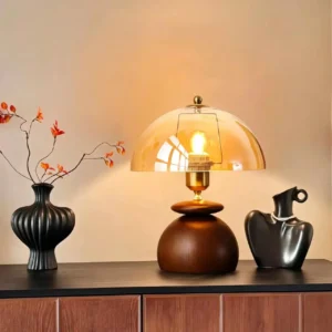 Mid Century Amber Glass Dome Wood Table Lamp TL-N008 4