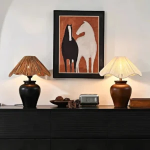 Vintage Wood Vase Table Lamp with Wavy Raffia Shade TL-N010 1