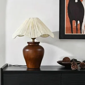 Vintage Wood Vase Table Lamp with Wavy Raffia Shade TL-N010 2