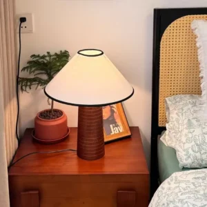 Wabi Sabi Ribbed Wood Base Conical Fabric Table Lamp TL-N011 1
