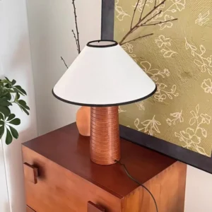 Wabi Sabi Ribbed Wood Base Conical Fabric Table Lamp TL-N011 3