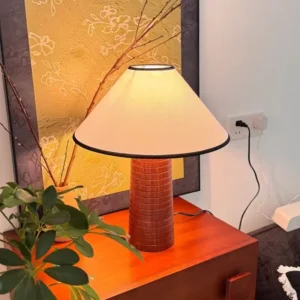 Wabi Sabi Ribbed Wood Base Conical Fabric Table Lamp TL-N011 4