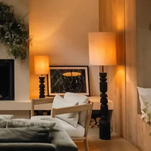 Black Stacked Wooden Table Lamp with Cylinder Linen Shade TL-N034 3
