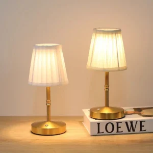 Rechargeable Brass Metal Table Lamp with Pleated Fabric Shade T45-042 1