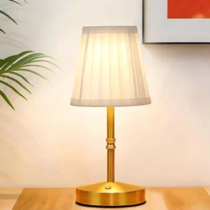 Rechargeable Brass Metal Table Lamp with Pleated Fabric Shade T45-042 2