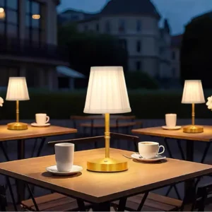 Rechargeable Brass Metal Table Lamp with Pleated Fabric Shade T45-042 3