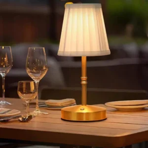 Rechargeable Brass Metal Table Lamp with Pleated Fabric Shade T45-042 4