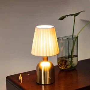 Modern Brass Metal Bedside Table Lamp with Pleated Fabric Shade T45-046 2