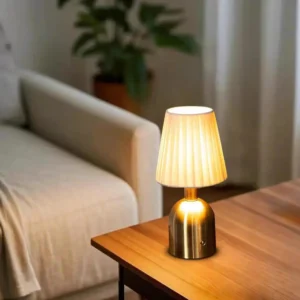 Modern Brass Metal Bedside Table Lamp with Pleated Fabric Shade T45-046 3