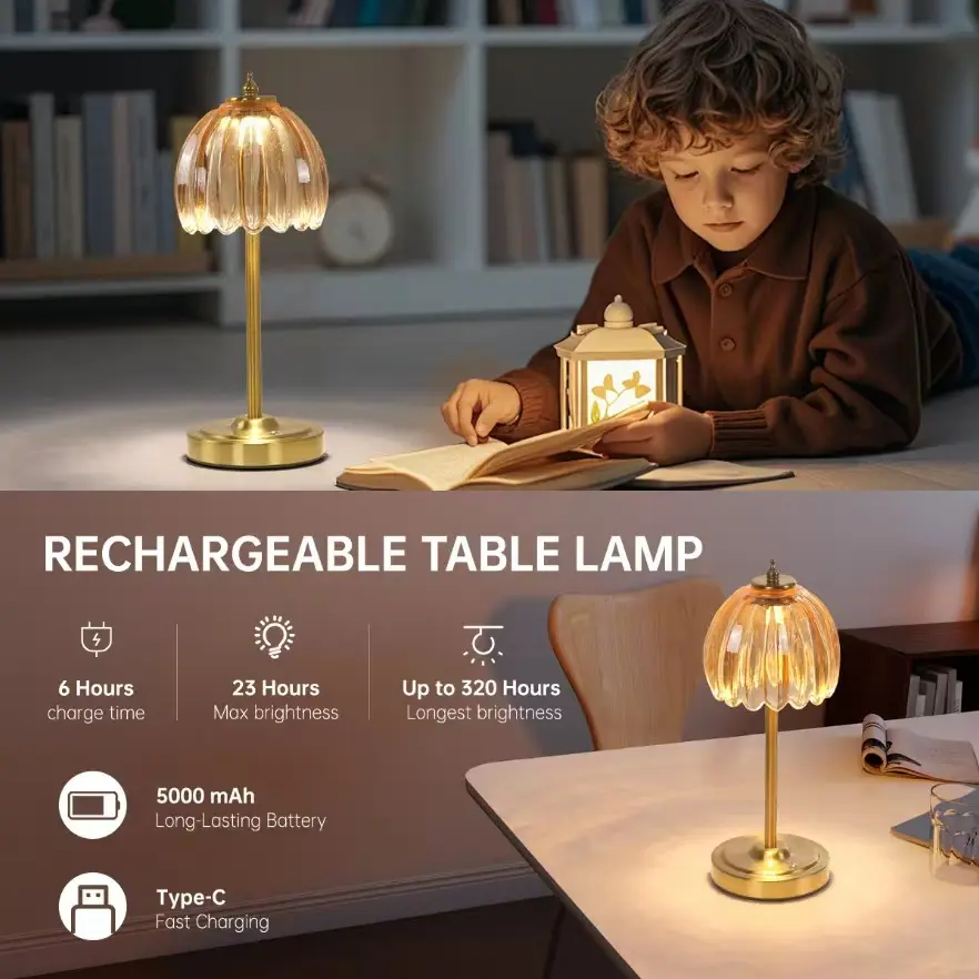 Retro Petal Glass with Brass Finish Base Rechagreable Table Lamp T45-060 4