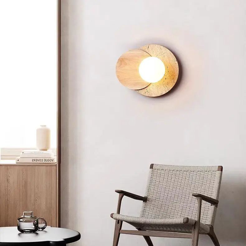 Wabi Sabi Round Travertine & Wood Bedside Wall Lamp WB2005 1
