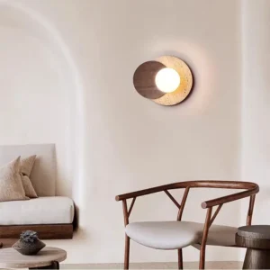 Wabi Sabi Round Travertine & Wood Bedside Wall Lamp WB2005 5