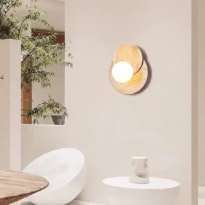 Wabi Sabi Round Travertine & Wood Bedside Wall Lamp WB2005 6