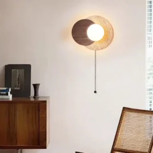 Wabi Sabi Round Travertine & Wood Bedside Wall Lamp WB2005 7