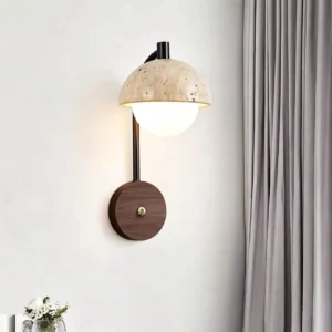Wabi Sabi Dome Travertine & Wood Wall Sconce WB2009 1