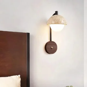 Wabi Sabi Dome Travertine & Wood Wall Sconce WB2009 2