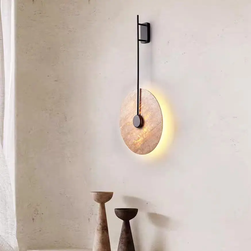 Modern Long Iron Rod Round Travertine LED Wall Light WB2012 2