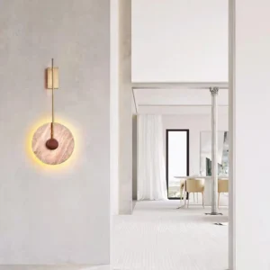 Modern Long Iron Rod Round Travertine LED Wall Light WB2012 3