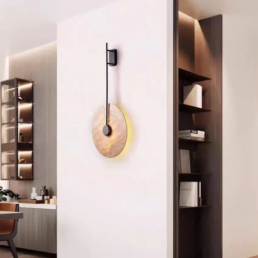 Modern Long Iron Rod Round Travertine LED Wall Light WB2012 5