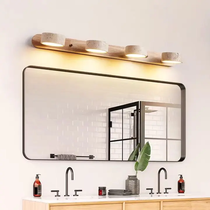 Wabi Sabi Travertine & Solid Wood Base Bathroom Wall Sconce WB2018 4