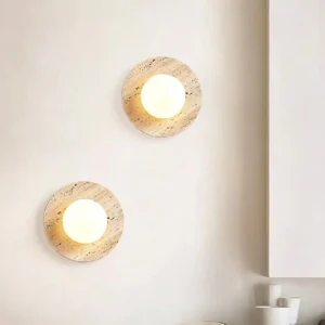 Wabi Sabi Round Travertine & Glass Wall Lamp for Bedroom Bathroom WB2021 1