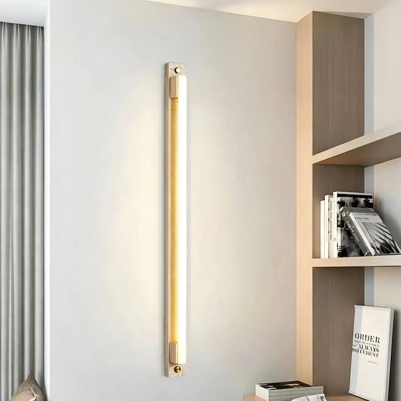 Minimalist Extra Long Linear Alabaster With Walnut Wood Wall Sconce WB2025 4
