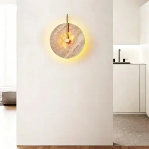 Wabi Sabi Round Travertine Disc With Metal LED Wall Sconce WB2026 1