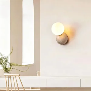 Asymmetric Offset Round Travertine & Glass Flush Wall Sconce WB2027 2