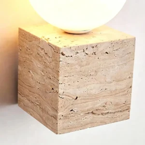 Minimal Cube Yellow Travertine With Top Round Frosted Glass Wall Sconce WB2029 1