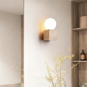 Minimal Cube Yellow Travertine With Top Round Frosted Glass Wall Sconce WB2029 2
