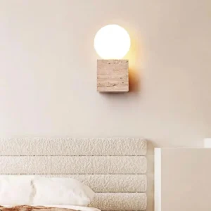 Minimal Cube Yellow Travertine With Top Round Frosted Glass Wall Sconce WB2029 3