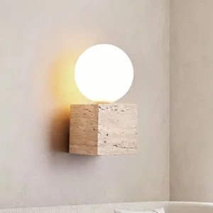 Minimal Cube Yellow Travertine With Top Round Frosted Glass Wall Sconce WB2029 4