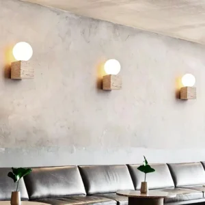 Minimal Cube Yellow Travertine With Top Round Frosted Glass Wall Sconce WB2029 5