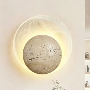 Moon Texture Round Yellow Travertine With Outer Frosted Glass Ring Wall Sconce WB2030 1