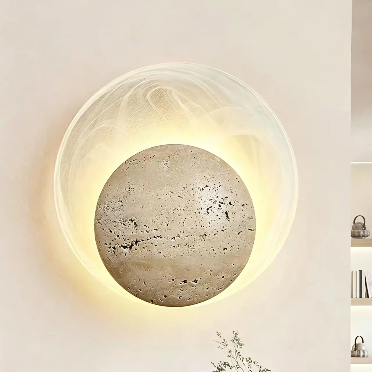 Moon Texture Round Yellow Travertine With Outer Frosted Glass Ring Wall Sconce WB2030 1