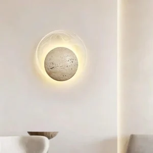 Moon Texture Round Yellow Travertine With Outer Frosted Glass Ring Wall Sconce WB2030 2
