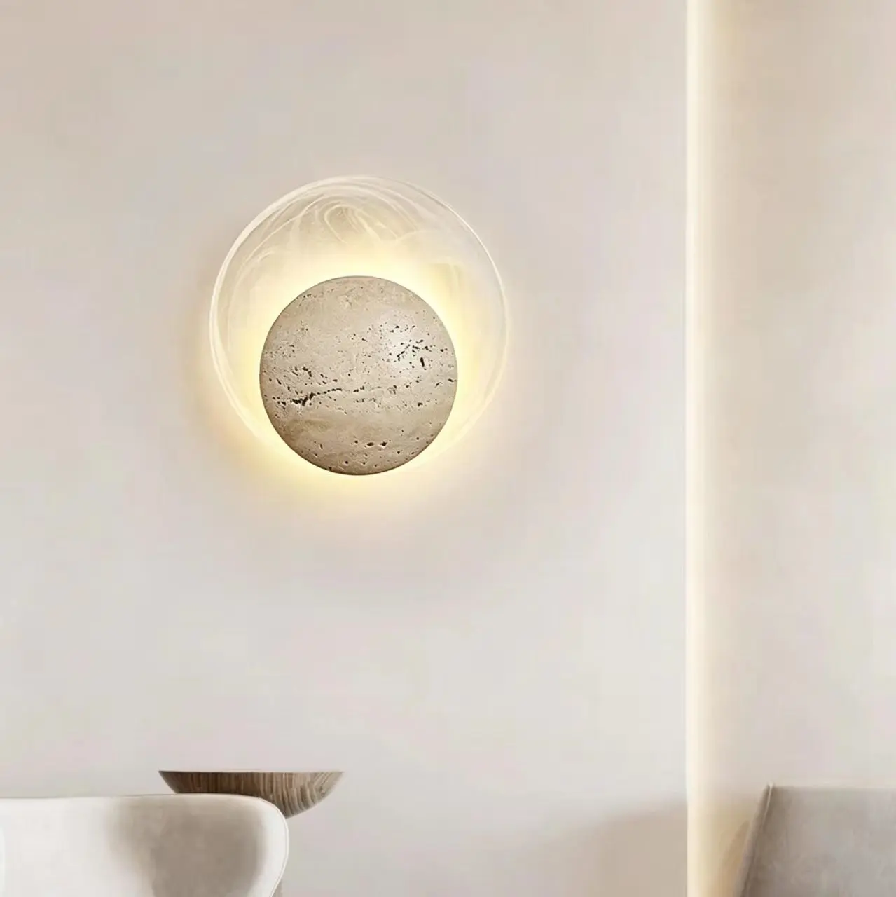 Moon Texture Round Yellow Travertine With Outer Frosted Glass Ring Wall Sconce WB2030 2