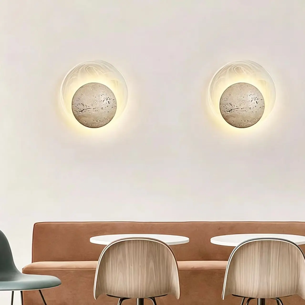 Moon Texture Round Yellow Travertine With Outer Frosted Glass Ring Wall Sconce WB2030 3