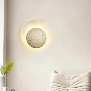Moon Texture Round Yellow Travertine With Outer Frosted Glass Ring Wall Sconce WB2030 5