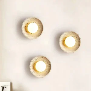 Wabi Sabi Natural Travertine Round Wall Sconce with White Glass WB2031 1