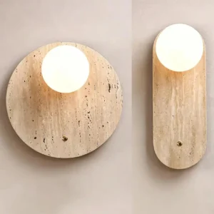 Wabi Sabi Round Shape Travertine Wall Sconce with Opal Glass Globe WB2034 2