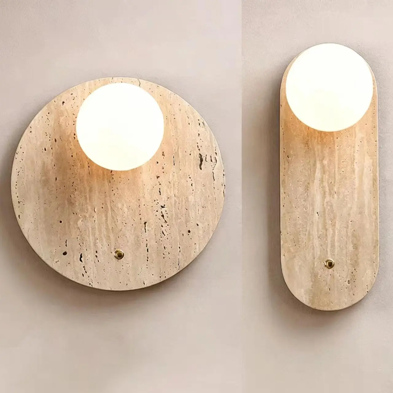 Wabi Sabi Round Shape Travertine Wall Sconce with Opal Glass Globe WB2034 2