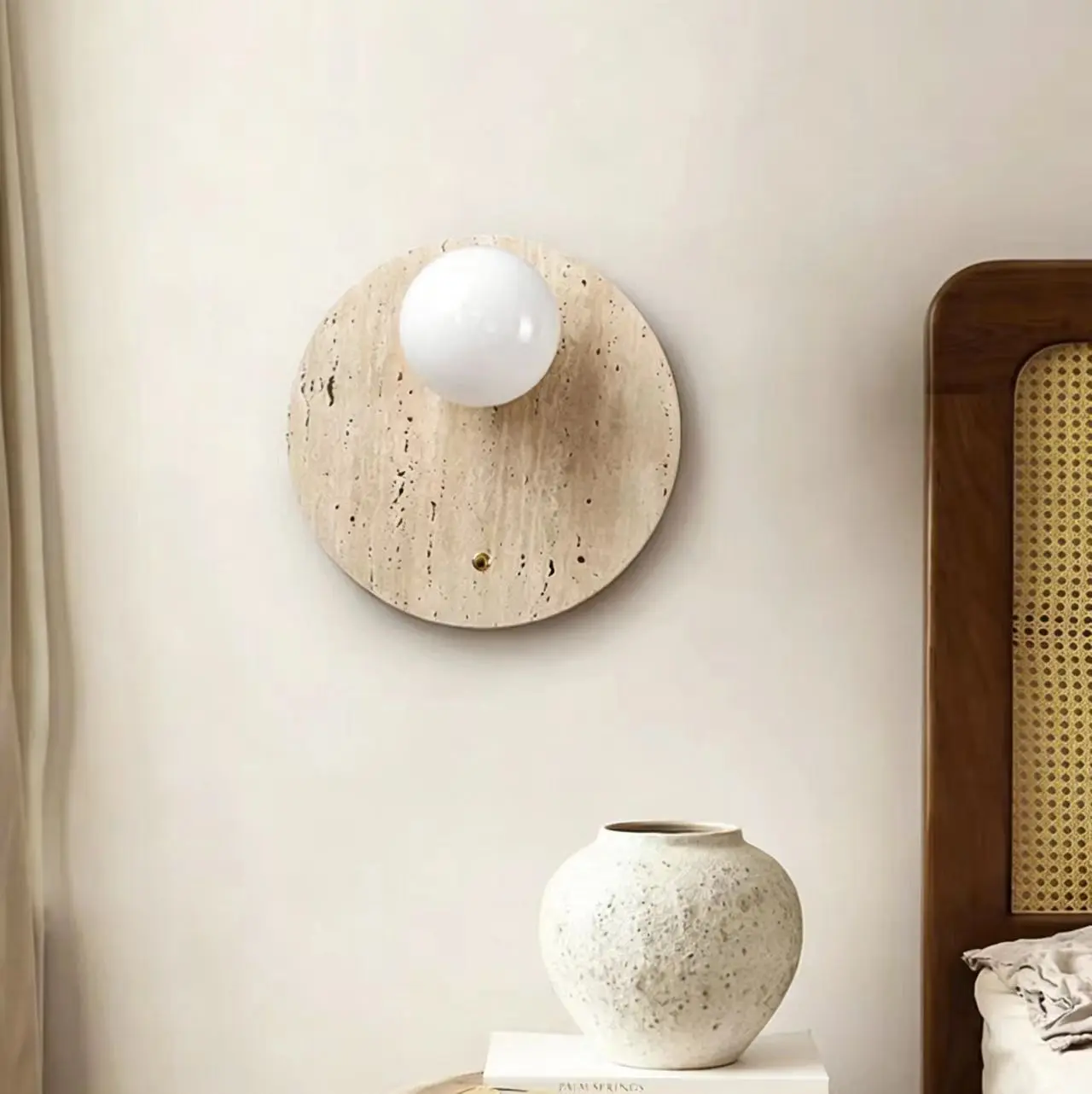 Wabi Sabi Round Shape Travertine Wall Sconce with Opal Glass Globe WB2034 4