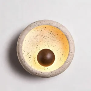 Minimalist Natural Travertine Eye Shape Wall Sconce with Wood Detail WB2035 2