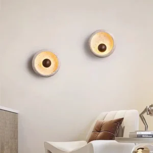 Minimalist Natural Travertine Eye Shape Wall Sconce with Wood Detail WB2035 4