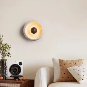 Minimalist Natural Travertine Eye Shape Wall Sconce with Wood Detail WB2035 5