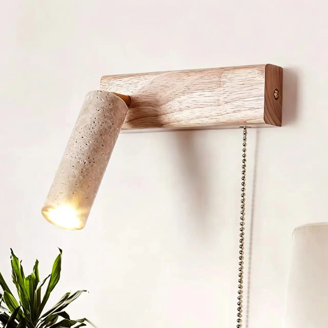 Wabi Sabi Wood Base Pull Chain Travertine Rotatable Cylinder Wall Sconce WB2036 5