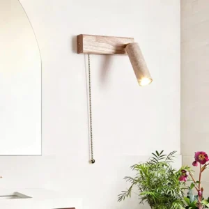 Wabi Sabi Wood Base Pull Chain Travertine Rotatable Cylinder Wall Sconce WB2036 1